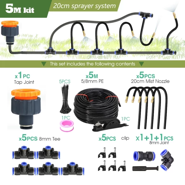 30M-5M DIY Free Bending Universal Sprayer Kit 8mm Hose Patio Misting Cooling System for Garden Plant Fogging - Image 11