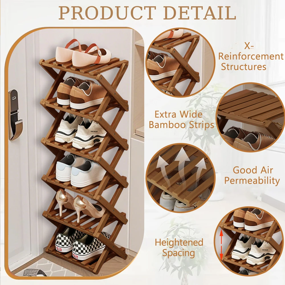 Shoe Rack Bamboo Foldable Storage Shoe Rack Multifunctional Shoe Racks Free Standing Rack - Image 2