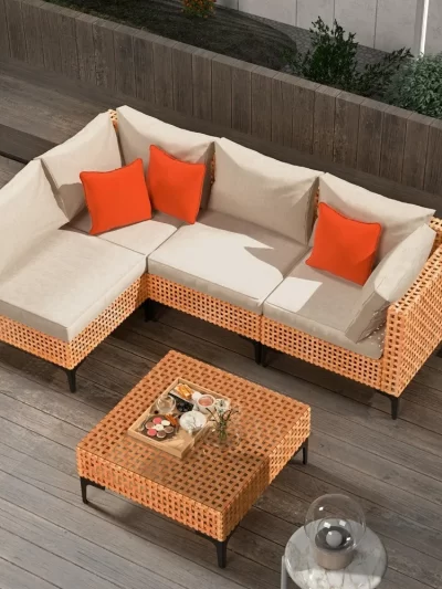 5 Piece Outdoor Patio Furniture Set Modular Wicker Sectional Sofa with Cushions and Table