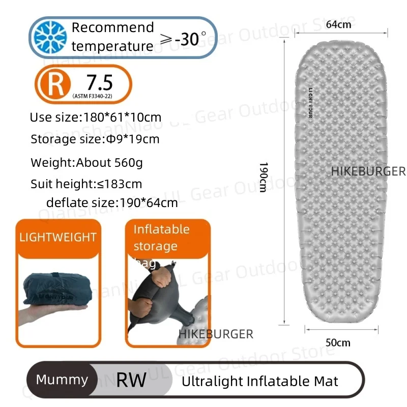 Light Tour R value 7.5 Camping Inflatable Mattress Outdoor Portable Sleeping Pad Ultralight - Image 11