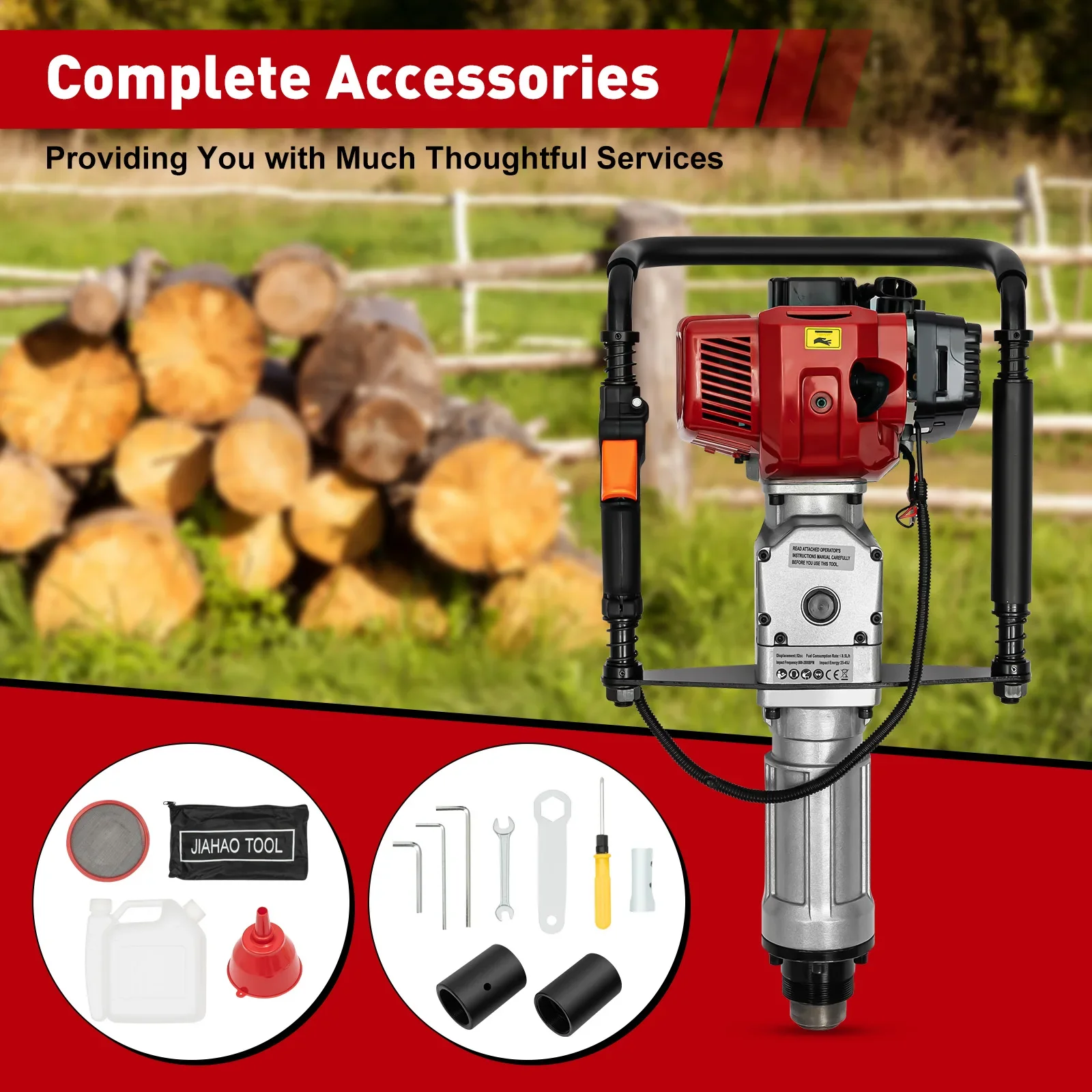 1900W 2-stroke gasoline pile driver Gardens Air Cooling 52CC, Single-cylinder 6500RPM socket ground auger 55-70mm - Image 13