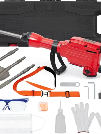 4-Piece Set 65A 2200W Hammer Drill, Electric Demolition Jack Hammer, 2 Chisels, Gloves, Tool Box, Wrench