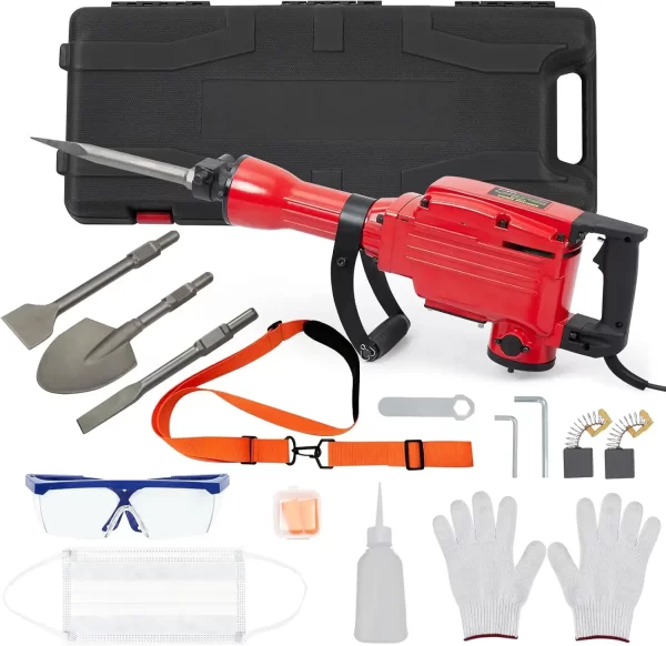 4-Piece Set 65A 2200W Hammer Drill, Electric Demolition Jack Hammer, 2 Chisels, Gloves, Tool Box, Wrench