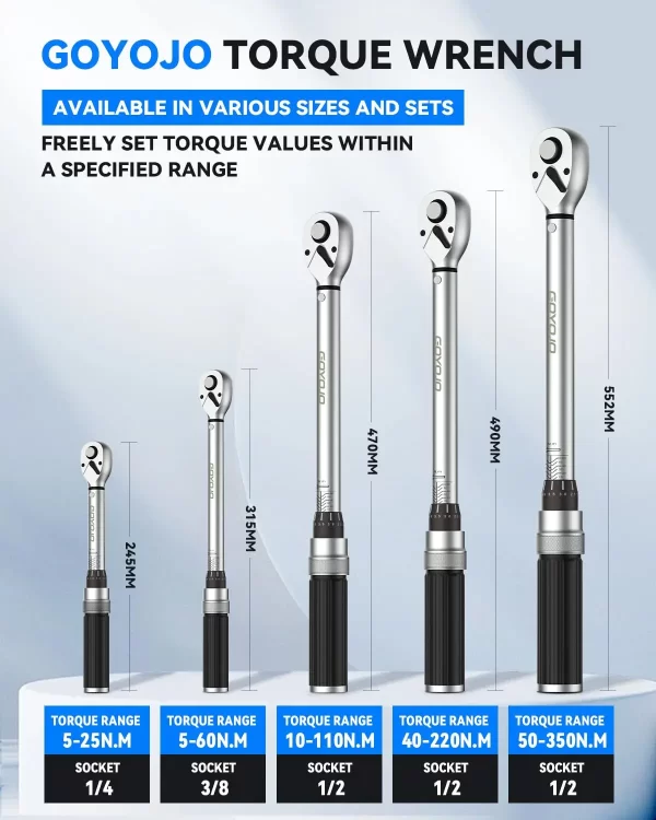 1/2-inch Drive Click Torque Wrench Set Dual-Direction Adjustable 72-tooth Torque Wrench with Buckle（14.75-155 ft-lbs / 10-210Nm） - Image 7