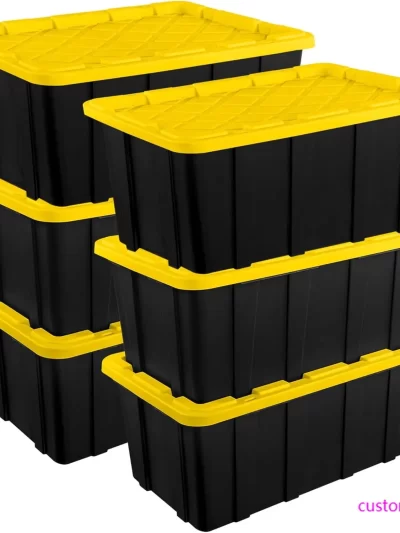 6-Pack Industrial Tote, Plastic Storage Container Bins with Lids, 27 Gallon