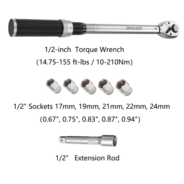 1/2-inch Drive Click Torque Wrench Set Dual-Direction Adjustable 72-tooth Torque Wrench with Buckle（14.75-155 ft-lbs / 10-210Nm） - Image 2