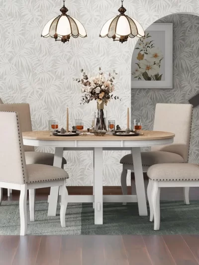 harper & bright designs trexm 5-piece farmhouse dining table set wood round extendable dining table and 4 upholstered dining cha