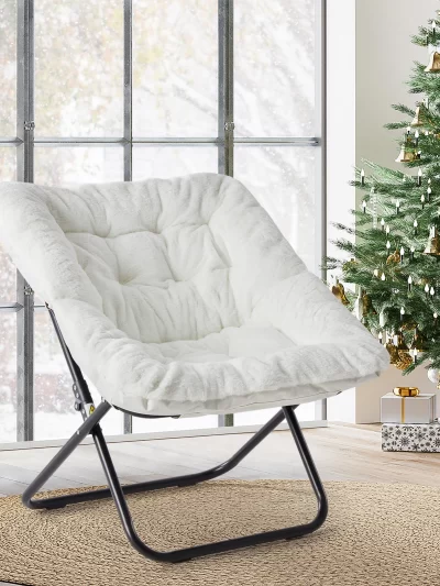 JHK 28IN Cozy Saucer Chairs Soft Faux Fur Large Size Folding Lounge Living Room Padded Seat Metal Frame