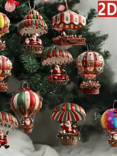 10Pcs Christmas Wooden Hot Air Balloon Santa Claus 2D Flat Wooden Pendant Christmas Tree Decoration