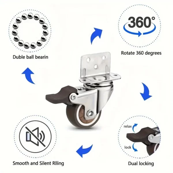 4 Pcs L-Shaped Side Mount Caster Wheels, Soft Rubber Castors Swivel Caster Wheels
