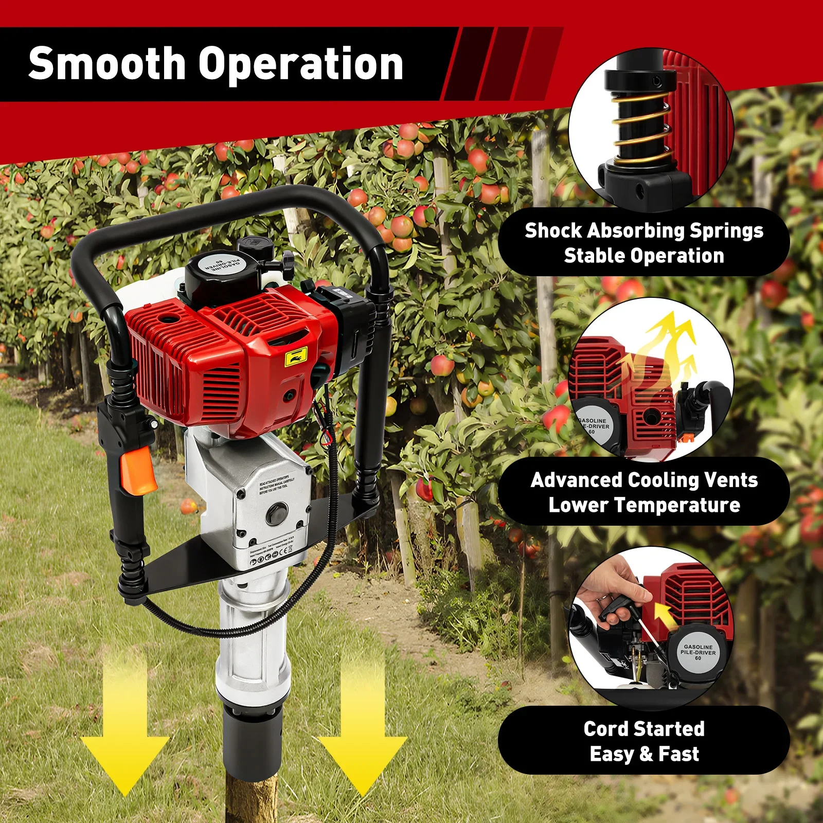 1900W 2-stroke gasoline pile driver Gardens Air Cooling 52CC, Single-cylinder 6500RPM socket ground auger 55-70mm - Image 9