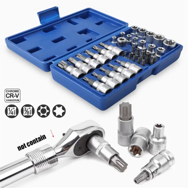 34pcs Torx Bit Socket and E-Torx Star Socket Set 1/4" 3/8" 1/2" Drive Male Female - Image 3