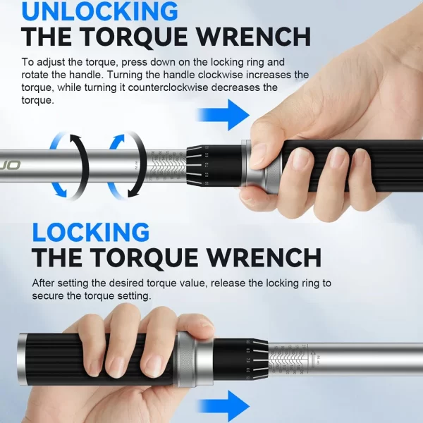 1/2-inch Drive Click Torque Wrench Set Dual-Direction Adjustable 72-tooth Torque Wrench with Buckle（14.75-155 ft-lbs / 10-210Nm） - Image 6