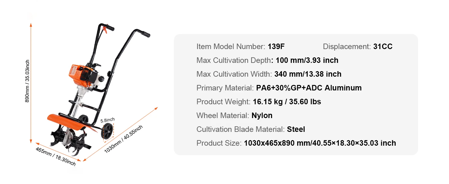 SucceBuy Tiller Cultivator 31/43/212CC Garden Cultivator Tiller with 4 Steel Adjustable Front Tines - Image 13