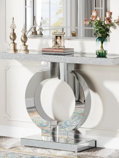 Mirrored Console Table with O-Shaped Base, Entryway Table Glass Sofa Table with Mirror Finish