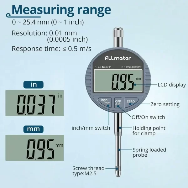 Digital Dial Indicator with Magnetic Base 0-1 Inch/25.4 mm  Conversion Auto Off Featured Measuring Tool With 22pcs Testing Tips - Image 6