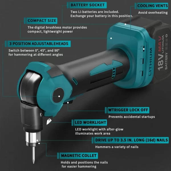 Palm Nailer Cordless Auto Hammer Compatible with Ma-kita 20V/18V Battery, Power Framing Nailer, 0-90° Adjustable Palm Nail Gun w - Image 6
