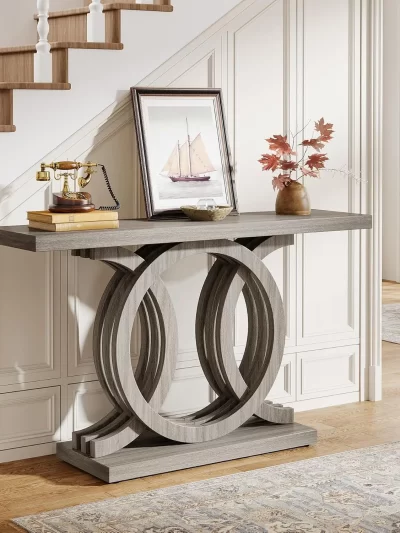 55-Inch Console Table with Geometric Wood Base,Modern Entryway Table with Thick Tabletop