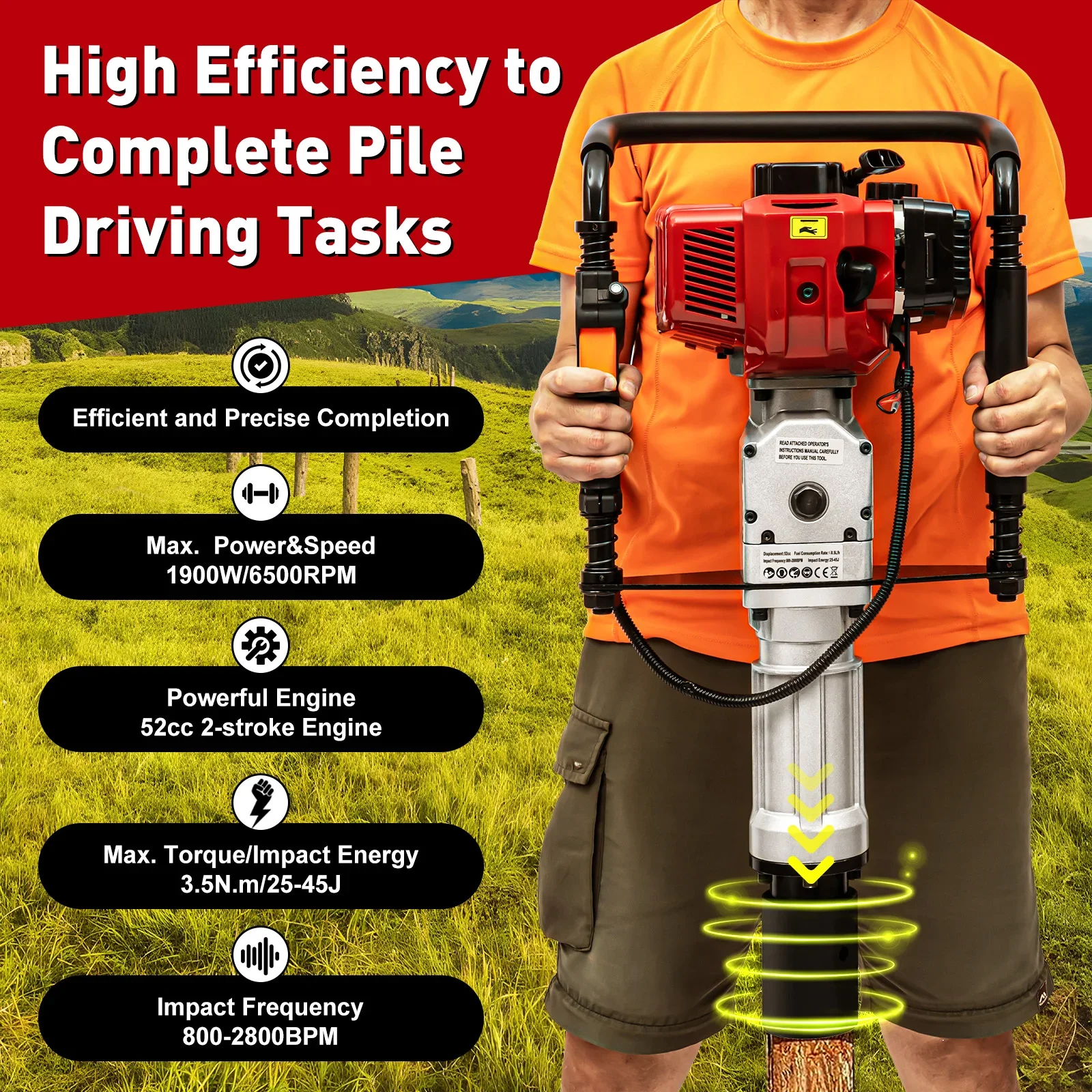 1900W 2-stroke gasoline pile driver Gardens Air Cooling 52CC, Single-cylinder 6500RPM socket ground auger 55-70mm - Image 10