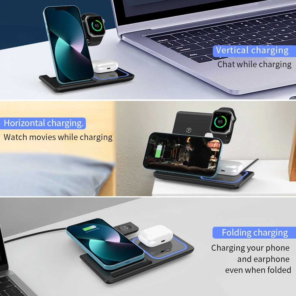 30W LED Fast Wireless Charger Stand 3 in 1 Foldable Charging Station For iPhone 15 14 13 12 11 Apple Watch 9 8 7 6 5 Airpods Pro - Image 26