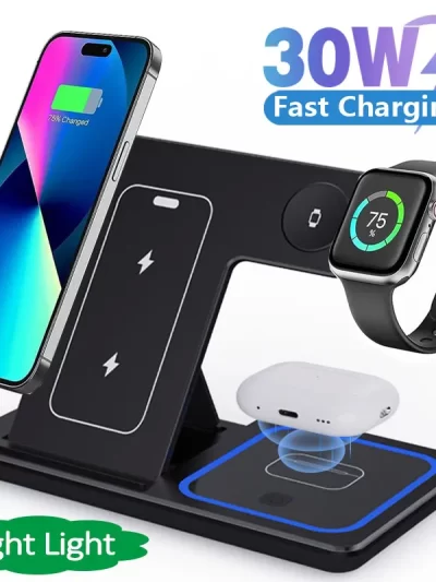 30W LED Fast Wireless Charger Stand 3 in 1 Foldable Charging Station For iPhone 15 14 13 12 11 Apple Watch 9 8 7 6 5 Airpods Pro
