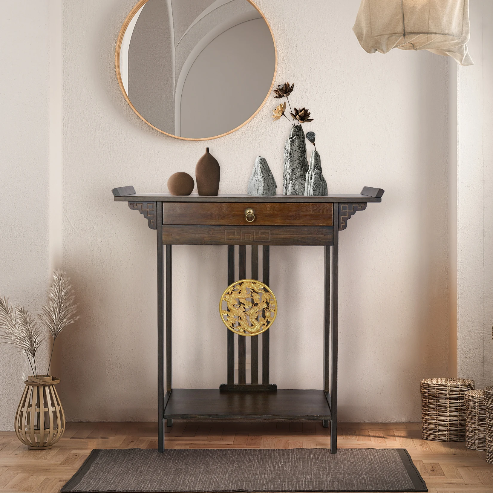 Console Table Chinese Entryway Sofa Side Table Skinny Hallway Table Sofa Table Furniture with Drawer&Shelf - Image 2