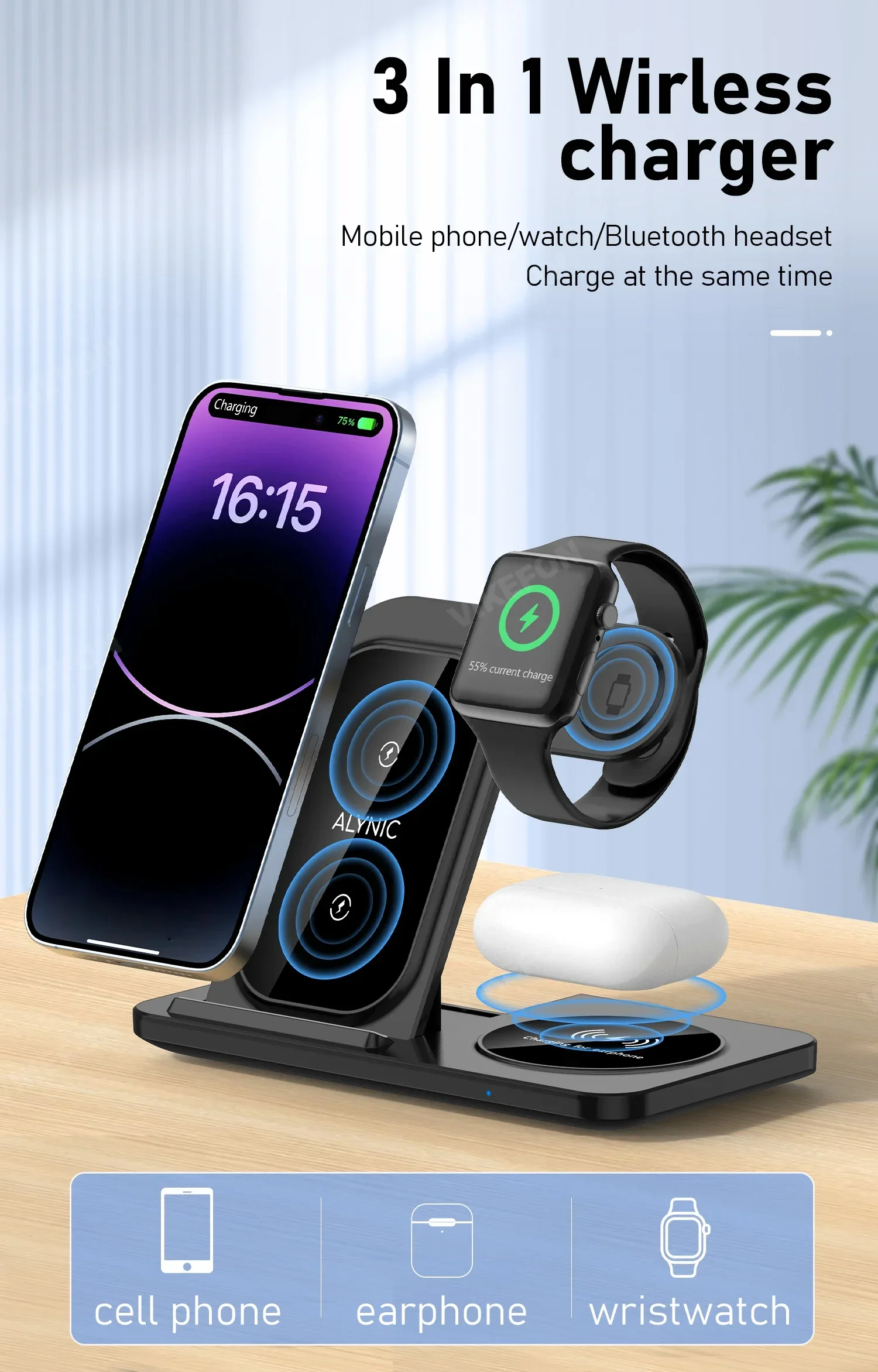 30W LED Fast Wireless Charger Stand 3 in 1 Foldable Charging Station For iPhone 15 14 13 12 11 Apple Watch 9 8 7 6 5 Airpods Pro - Image 30