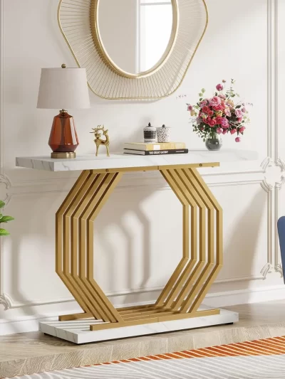 Gold Console Table,Entryway Table Narrow Sofa with Metal Base, 40 Inch Modern Accent Entrance