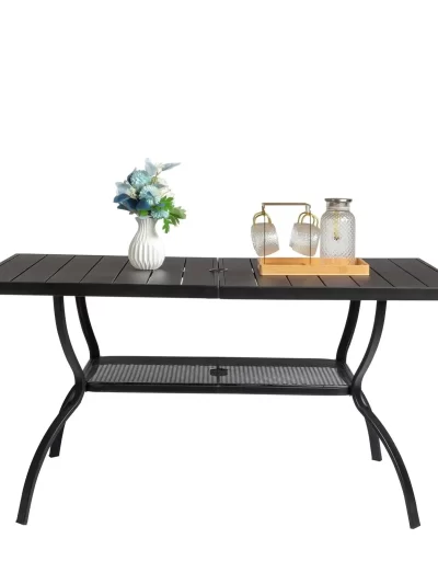 Iron Rectangular Patio Dining Table with Umbrella Hole and 2-tier Design