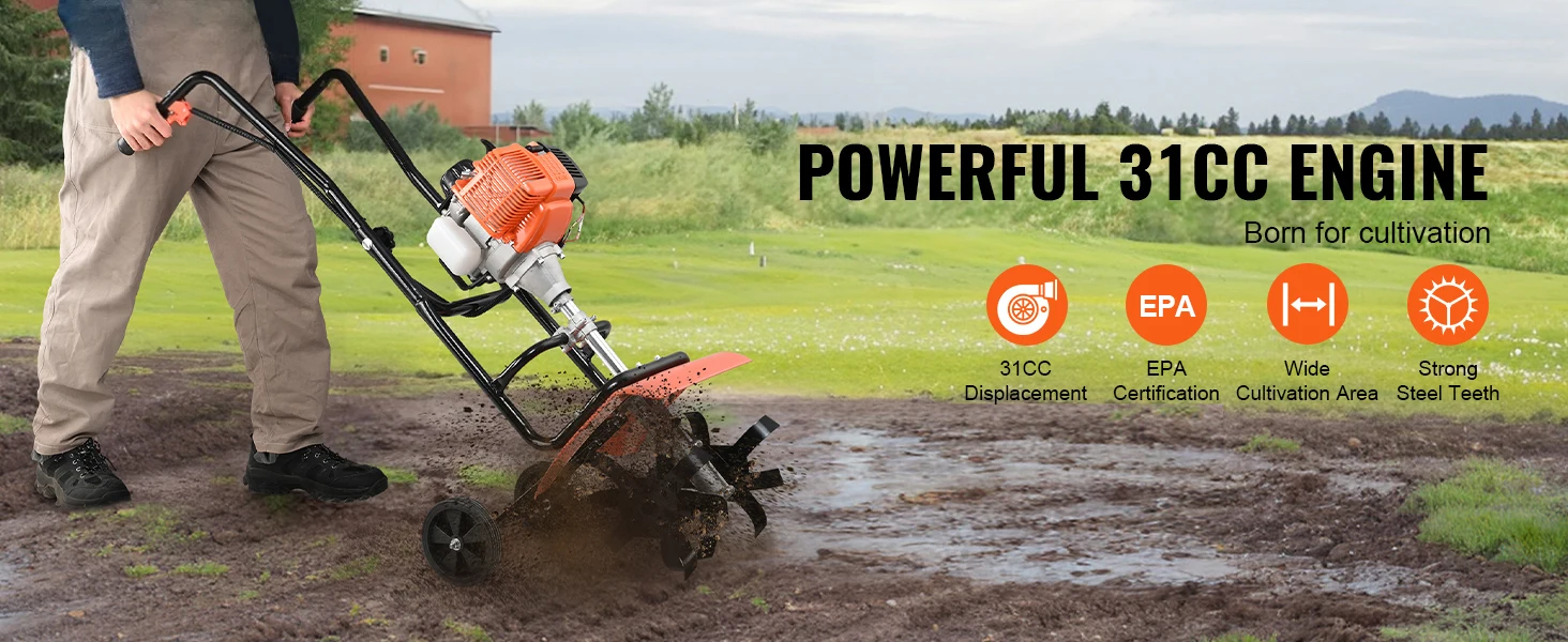 SucceBuy Tiller Cultivator 31/43/212CC Garden Cultivator Tiller with 4 Steel Adjustable Front Tines - Image 8