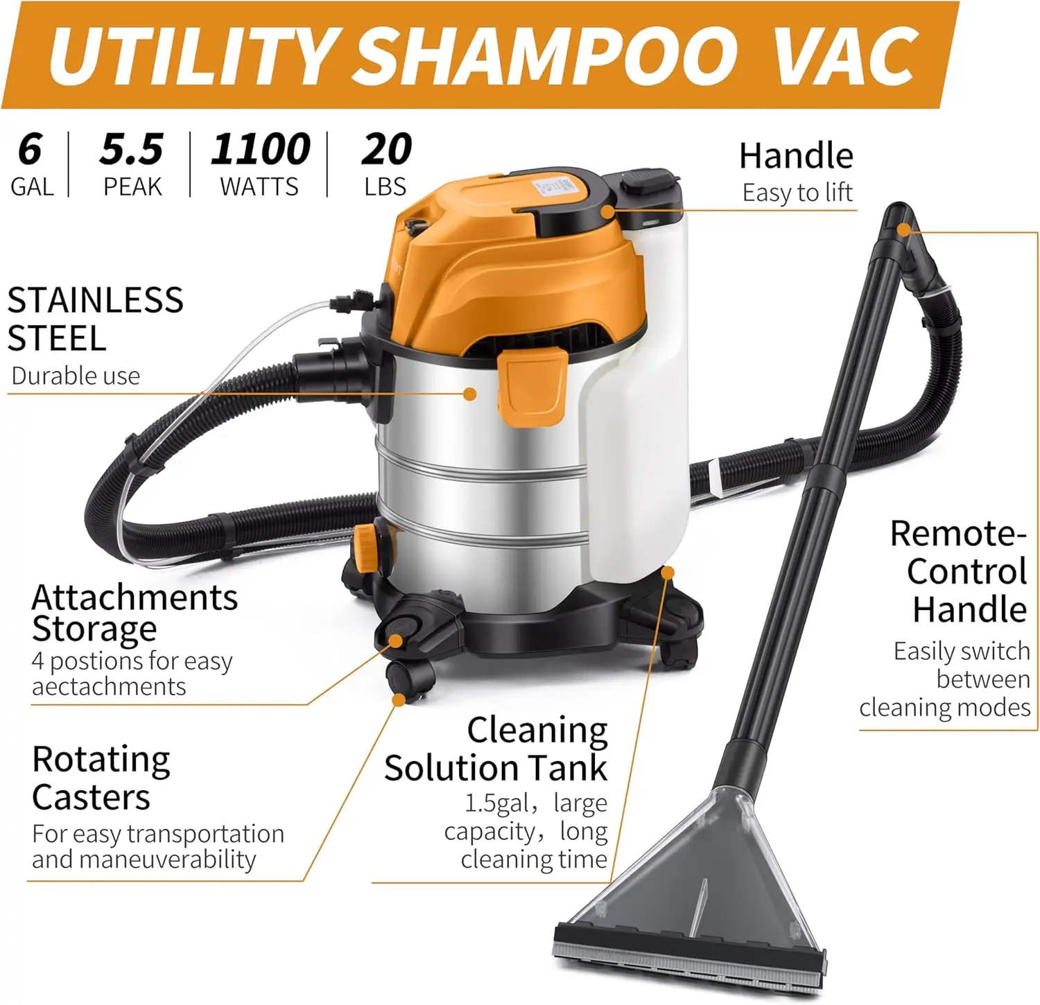 Shop Vacuum Wet and Dry, 6 Gallon 5.5 Peak HP, 3 in 1 Wet/Dry/Upholstery Shop Vac - Image 3