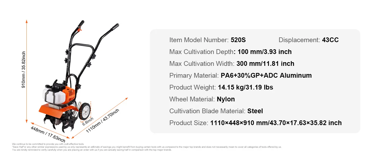 SucceBuy Tiller Cultivator 31/43/212CC Garden Cultivator Tiller with 4 Steel Adjustable Front Tines - Image 15