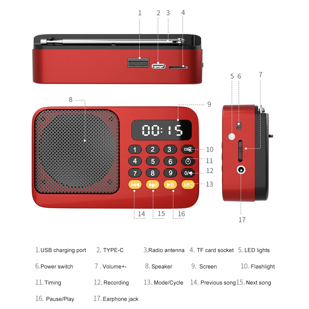 Portable Radio Music Player Handheld Rechargeable Digital FM USB TF MP3 Player Speaker - Image 6