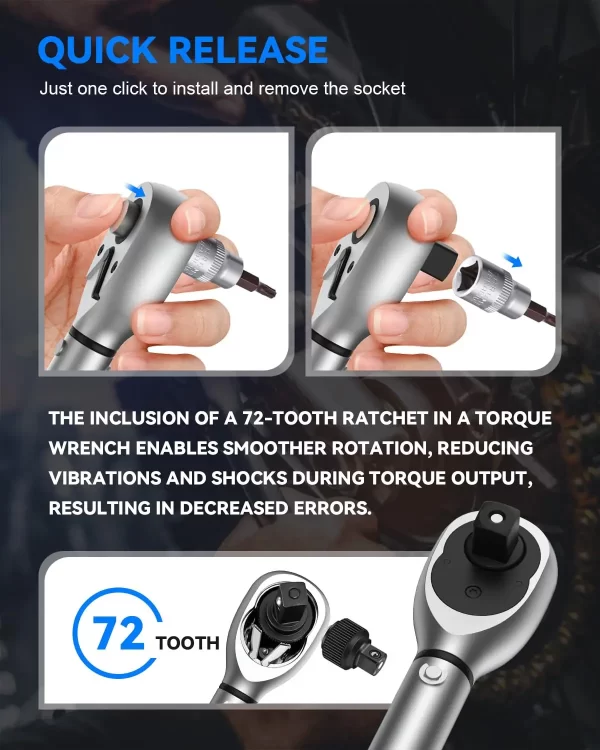 1/2-inch Drive Click Torque Wrench Set Dual-Direction Adjustable 72-tooth Torque Wrench with Buckle（14.75-155 ft-lbs / 10-210Nm） - Image 8