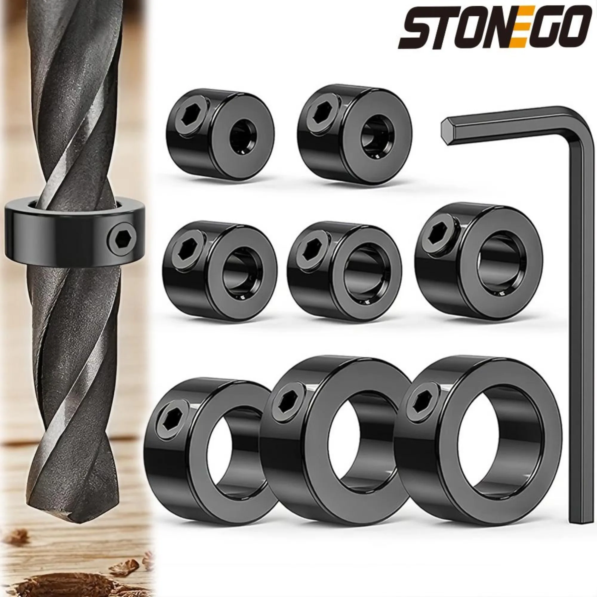 STONEGO Woodworking Drill Locator - 8Pcs/Set 3mm-16mm Drill Bit Depth Stop Collars Ring for Precision Wood Drilling