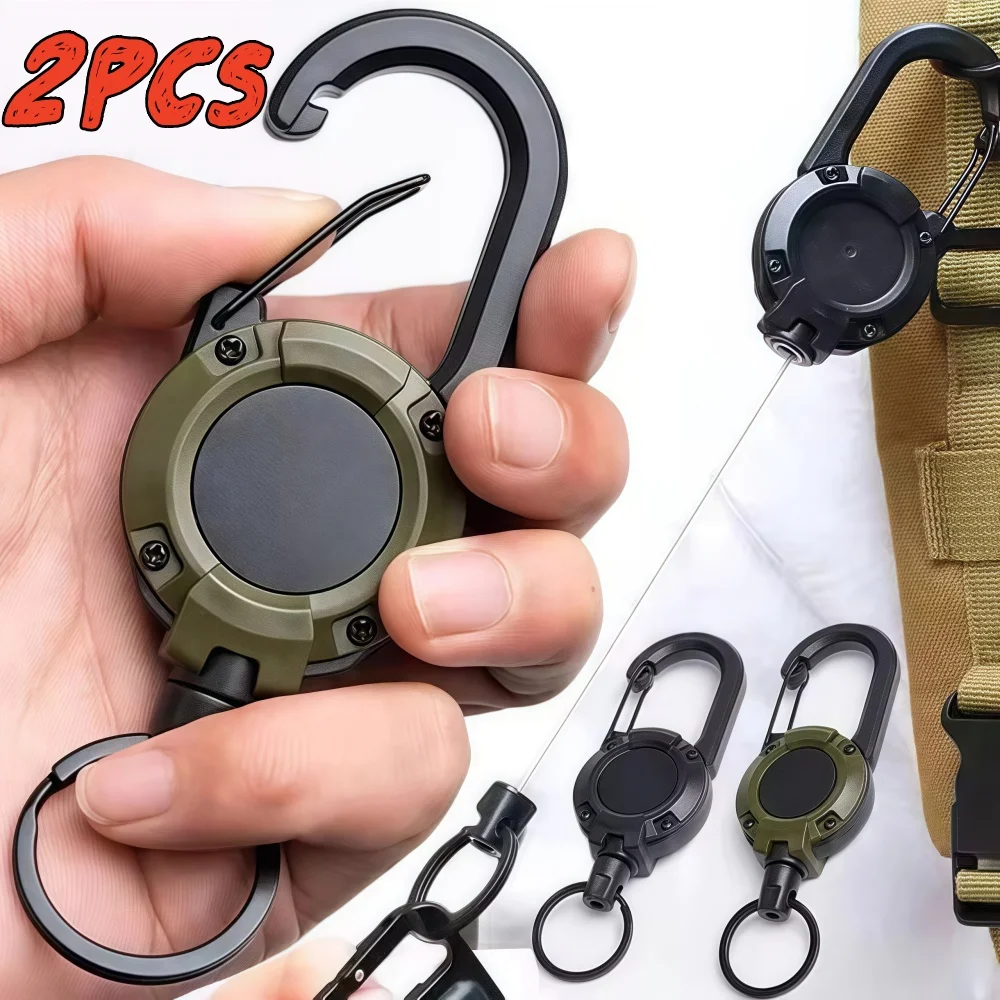 Retractable Heavy Duty Pull Reel Carabiner Strong Steel Wire Rope Buckle Spring Key Ring