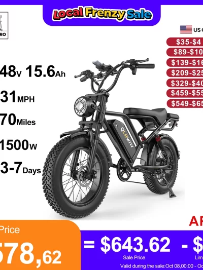 AOVOPRO Electric Bike 1500W Peak 20" Fat Tire 31mph Top Speed 70 Miles Max Range for Road Sand Mountain