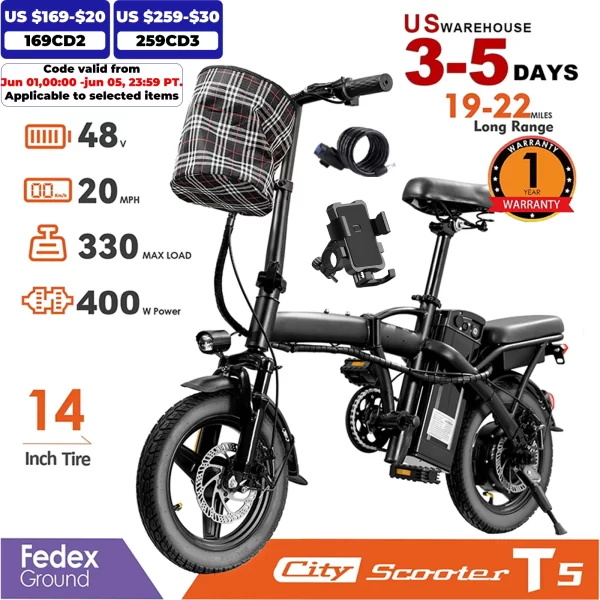 14inch Road Tires Cheap Bicimoto Electrica with Basket 48V 400W Folding Ebike Carbon Steel Lightweight - Image 7