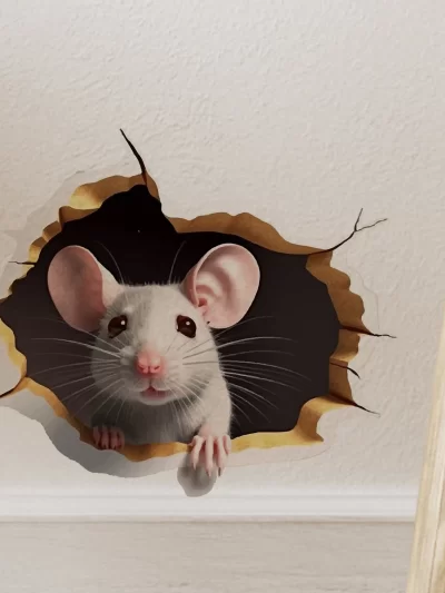 1PC 3D effect personalized mouse hole sticker reading white mouse flower branch mouse cute animal random sticker home decoration