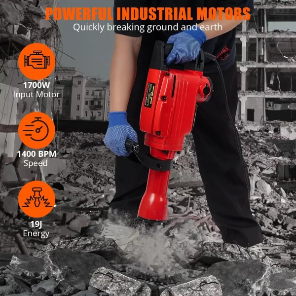 4-Piece Set 65A 2200W Hammer Drill, Electric Demolition Jack Hammer, 2 Chisels, Gloves, Tool Box, Wrench - Image 6