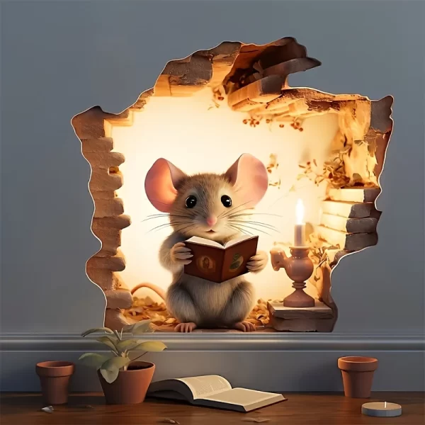 3D Reading Mouse Wall Stickers Cute Cartoon Animal Pattern Vinyl Decals - Image 4