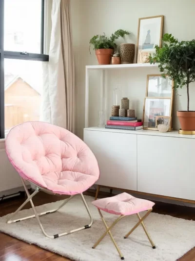 Round Folding Faux Fur Saucer Chair Comfy Furry Padded Soft Cozy Moon Chair with Footrest Ottoman