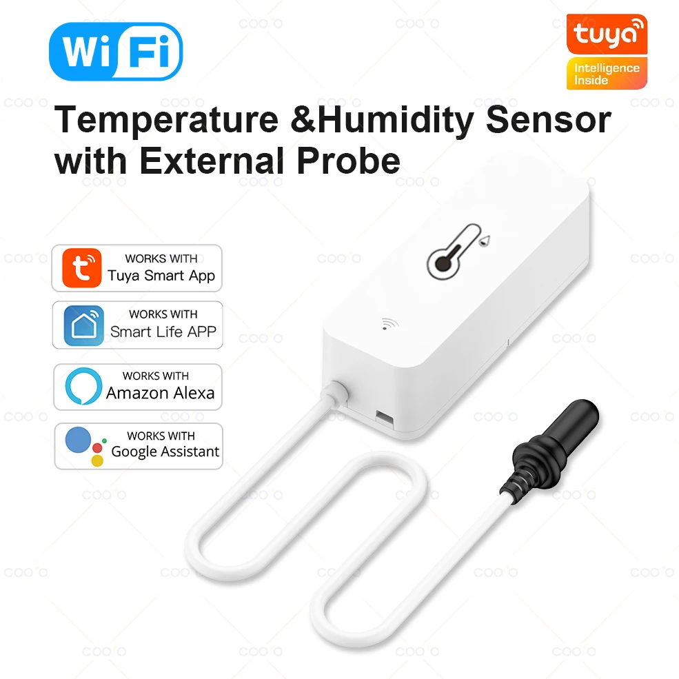 Tuya WiFi Temperature Humidity Sensor with External Probe Wireless Thermometer App Monitor for Freezer, Refrigerator, Fish Tank