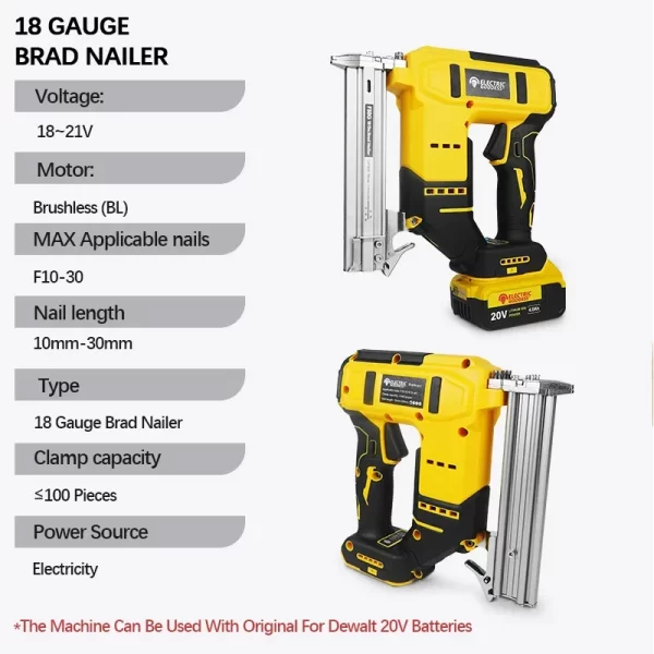 10-30mm Brushless Electric Nail Gun Depth Adjustment Nailer Stapler Cordless Stapler Framing For Dewalt 20V Battery Pin - Image 2