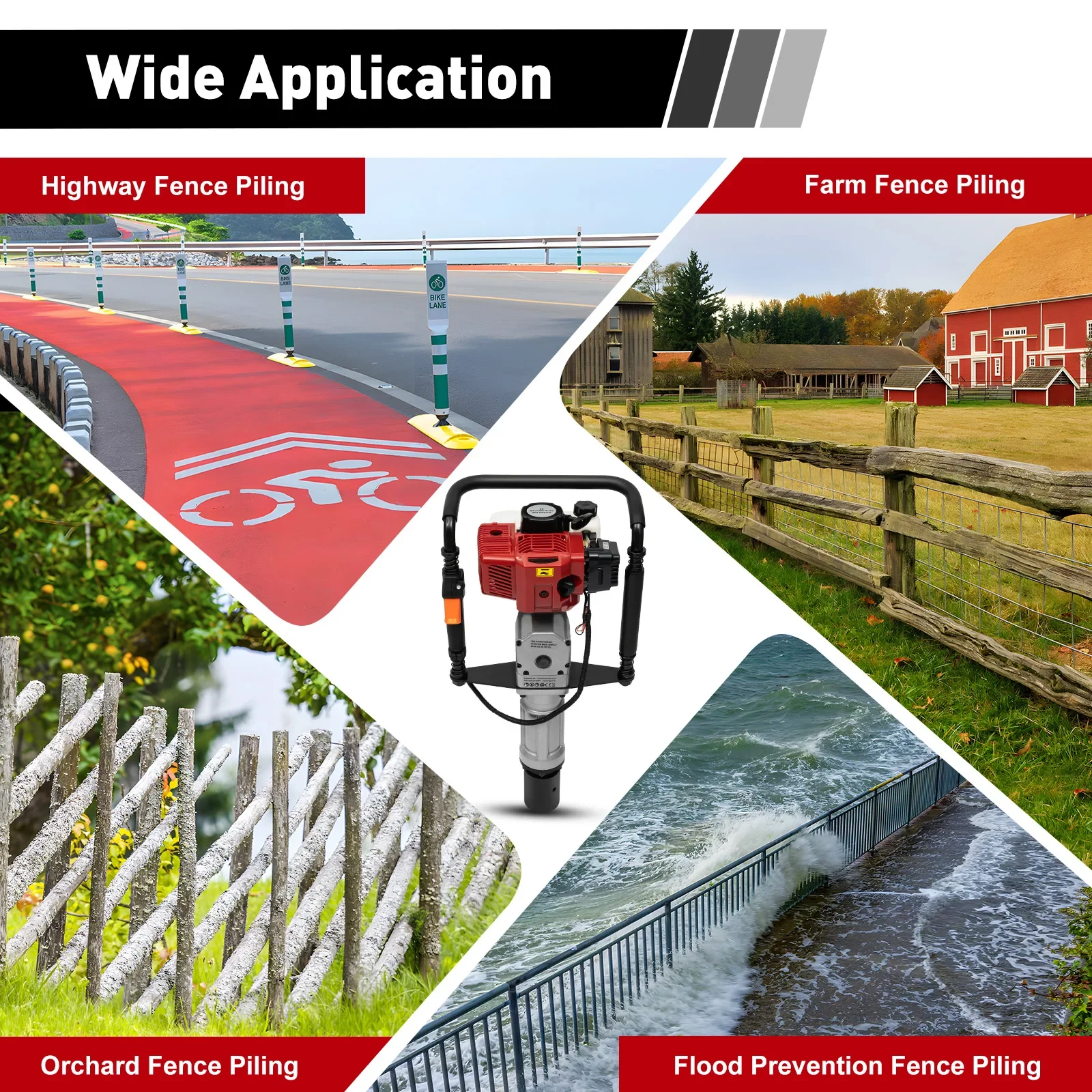 1900W 2-stroke gasoline pile driver Gardens Air Cooling 52CC, Single-cylinder 6500RPM socket ground auger 55-70mm - Image 8