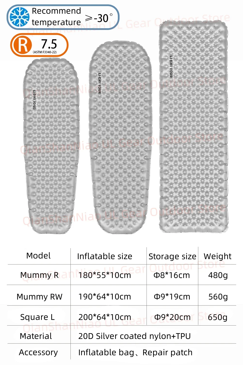 Light Tour R value 7.5 Camping Inflatable Mattress Outdoor Portable Sleeping Pad Ultralight - Image 20