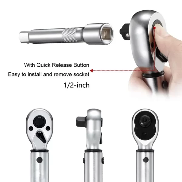 1/2-inch Drive Click Torque Wrench Set Dual-Direction Adjustable 72-tooth Torque Wrench with Buckle（14.75-155 ft-lbs / 10-210Nm） - Image 3