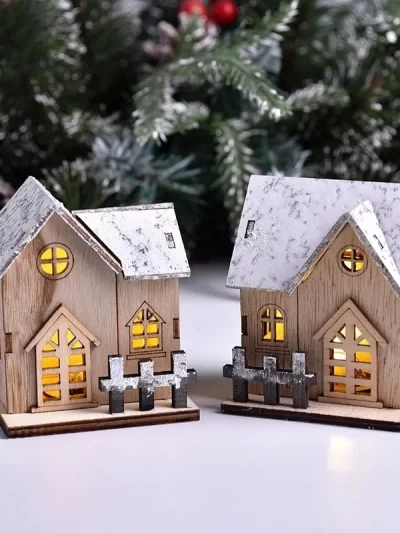 Christmas LED Light Wooden House Luminous Cabin Merry Christmas Decorations for Home DIY Xmas Tree Ornaments