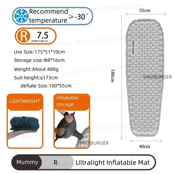 Light Tour R value 7.5 Camping Inflatable Mattress Outdoor Portable Sleeping Pad Ultralight - Image 9