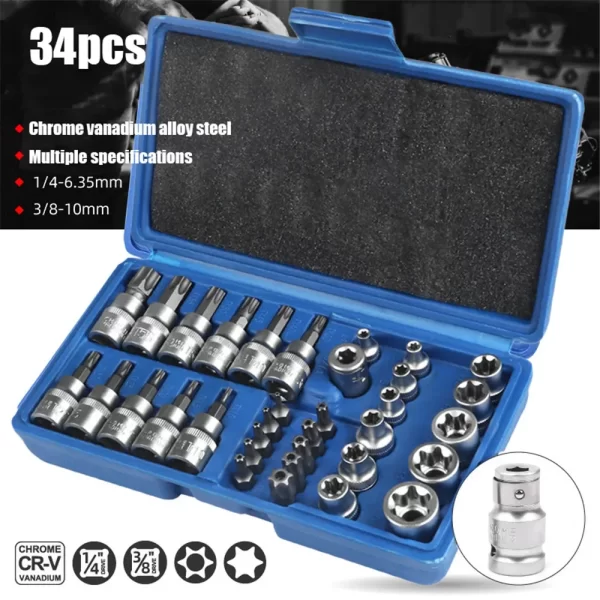 34pcs Torx Bit Socket and E-Torx Star Socket Set 1/4" 3/8" 1/2" Drive Male Female - Image 9